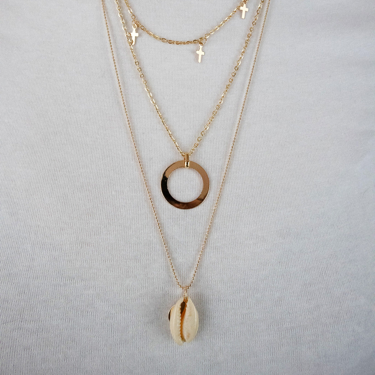 Shell & cross gold layered necklace